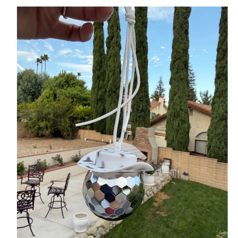 Homemade  Disco Ball Cowboy Hat Car Ornament OS Silver White New Cow Print Retro
